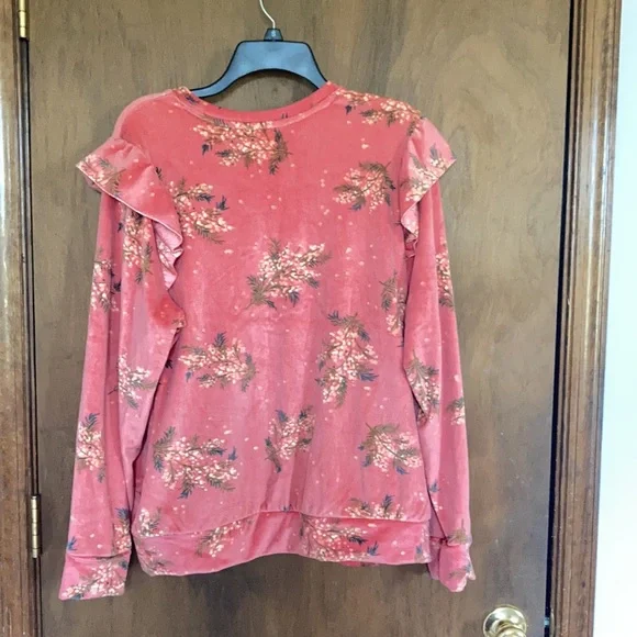 LC Lauren Conrad top floral print velvet w ruffle puff sleeve sweatshirt S M - Picture 9 of 15